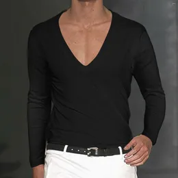 Men's T Shirts V Neck Solid T-Shirt Long Sleeved Basic T-Shirts 2024 Fashion Casual Pullover Men Shirt Sportwear Blouse