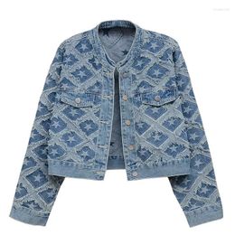 Women's Jackets Star Plaid Blue Denim Cotton High Street Long Sleeve Jacket Single Breasted O-Neck Korean Fashion Short Coat Autumn 2024