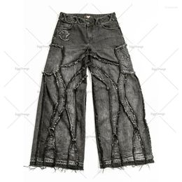 Men's Jeans Frayed Edges Distressed Washed Gothic 2024 Fashion Casual Punk Rock Loose Wide Leg Pants Streetwear