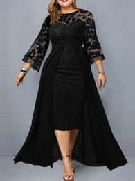 Plus Size Party Dresses for Wedding Guest Women's 2023 Spring Summer Long Sleeve Lace Floral See Through Elegant Bodycon Dress 240124