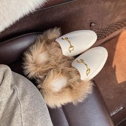 Outside Wear Mao Slippers Autumn and Winter Womens Muller Shoes Rabbit Hair Lazy Flat Shoes Fur Size Shoes Size 35-44 240118