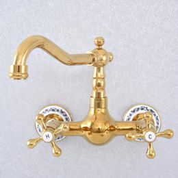Bathroom Sink Faucets Polished Gold Color Brass Kitchen Basin Faucet Mixer Tap Swivel Spout Wall Mounted Dual Cross Handles Msf619