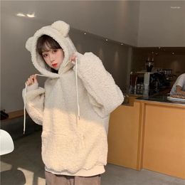 Women's Hoodies 2024 Winter Warm Wool Bear Ear Hooded Sweatshirt Oversized Tops Women Korean Style Students Plus Size Pullover