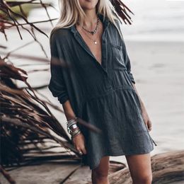 Casual Dresses Women's Loose Fitting Cotton Linen V-neck Medium Length Shirt Dress