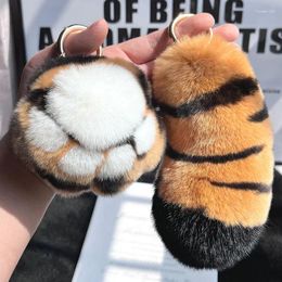 Keychains Cute Tiger Paw Key Chain Real Rex Rabbit Fur Keychain Pompom Tail Keyring Bag Charm Trinkets Pendant Jewelry