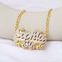 Necklaces Dascusto Personalized Nameplate Name Necklace Custom 3D 18KGold Plated Double Diamond Choker Pendant TwoTone Chain For Women