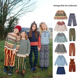 Clothing Sets Kids Knitted 2024 Fall/Winter KP Pastoral Style Striped Sweater Short Skirt Overalls Girls Dress