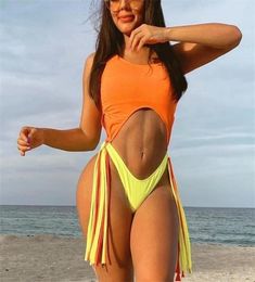 Sexy Tassels Bathing Suit Neon Colour Swimwear Swimsuit Cut Out Monokini High Rise Cut Bodysuit Swimming Suit for Women 2205279849079