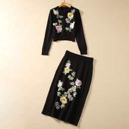 10008 XXL 2024 Style Women's Two Piece Spring Long Sleeve Long Skirt Black Embroidery Wool Empire Crew Neck SH