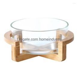 Dinnerware Sets Bowl Container With Wooden Base Cutlery Salad Glass Ice Storage Tank Bamboo Household Tableware Serving Containers Dr Dhrhj