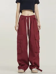 Women's Pants QWEEK Harajuku Vintage Red Cargo Women Oversize Hip Hop Streetwear Pockets Black Trousers Retro Wide Leg Tactical Bottom