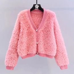 Sweater Cardigans Imitate Mink Wool Woman Top Clothes Winter Knitted Korean Oversize Long Sleeve Elegance Sweet OL Casual Coats 240127