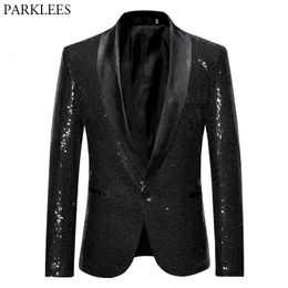 Black Sequin One Button Shawl Collar Suit Jacket Men Bling Glitter Nightclub Prom DJ Blazer Stage Clothes for Singers 240124