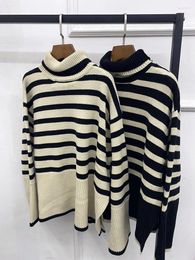 Women's Sweaters Turtleneck Stripes Hem Slit Wool Blend Autumn Winter 2024 Long Sleeve Loose Retro Female Jumpers