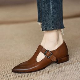 Dress Shoess Single Shoe Women's French Low Heeled Pointed Thick Brown T-shaped Buckle Mary Jane Shoes