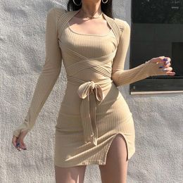 Casual Dresses Women Spring Skinny Party Dress 2024 Fall Sexy Split Halter Bandage Knitted Mini Khaki Long Sleeve Clubwear Vestidos