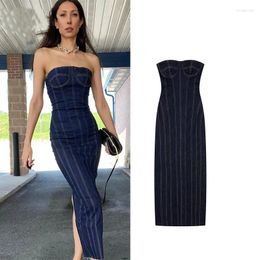 Casual Dresses TRAF 2024 Women Tube Top Elastic Tight Dress Summer Backless Sexy Evening Denim Midi Party