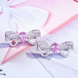 Stud Earrings Unique Bowknot Inlay Pink Water Drop Zircon Fashion Piercing Jewelry For Women Wedding Engagement Party Ornaments