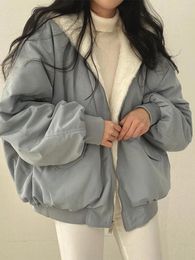 Women's Trench Coats Korean Thick Padded Puffer Woman Hoody Jacket Two Sides Loose Short Long Sleeve Top 2024 Winter Female Zipper Warm