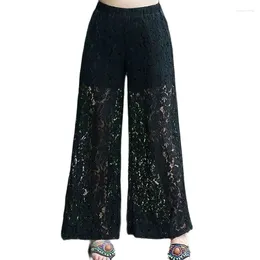 Women's Pants 2024 Summer Retro Lace Wide-leg Elastic Waist Engrave Null Casual Comfortable Loose Ladies Cropped Trousers