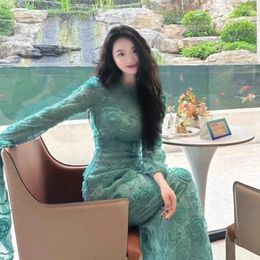 Casual Dresses Shpmishal Skinny Heavy Industry Show White Peacock Blue 3D Rose Dress Autumn Style Celebrity Long Female Clothing