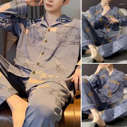 Men's Sleepwear Men Pyjama Set Lounge Wear Plaid Print With Long Sleeve Shirt Elastic Waist Pants Casual For Spring