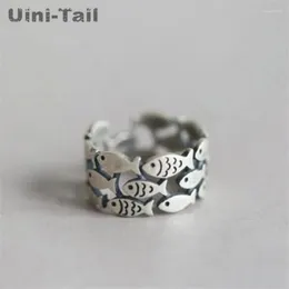 Cluster Rings Uini-Tail 925 Tibetan Silver Retro Group Of Small Fish Open Ring Female Models Thai Wide-faced GN398