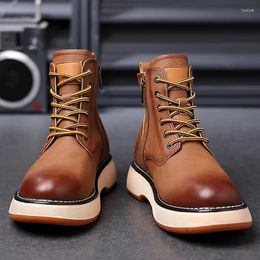 Boots Fashion All-match Men's Vintage Male Lace-Up Comfortable High Top Shoe 2024 Genuine Leather Motorcycle