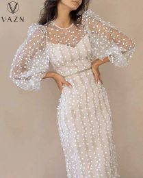 Dresses Vazn New 2020 Full Sleeve Transparent Mesh Fabric Tulle Banquet Party Maxi Dresses Sexy Shinny Young Lady Dress