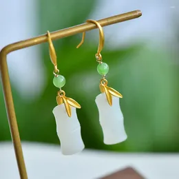 Dangle Earrings Ancient Gold Craftsmanship Inlaid Natural Hetian White Jade Bamboo Leaf Chinese Exquisite Brand Jewellery For Women