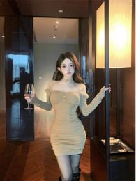 Casual Dresses Sweet Girl Halter Neck Hollow Lace Long-sleeved Dress Women's Spring Slim Fit Wrap Hip Short Fashion Female Clothes