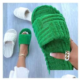 Slippers 2024 Women Luxury Brand One-Word Thick-Soled Warm Furry Womens Shoes Embossed Cotton Drag Outdoor All-Match Casual Drop Del Dhkne