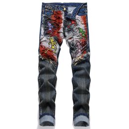 Slim Fit Stretch Men's Jeans Skull Embroidery Denim Pants Devil Ripped Patch Streetwear Distressed Blue Straight Trousers