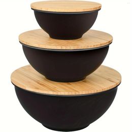 Bowls 3pcs Salad Mixing With Lids 10" Large Set Bamboo Bowl Serving For Fruits