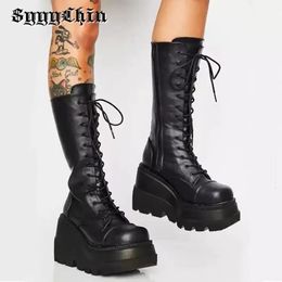 Winter Women Boots Mid-calf Wedge High Heel Platform Lace Up Zip Ladies Pumps Female Punk Gothic Motorcycle Black Round Toe Shoe 240124