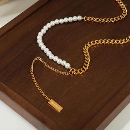 Choker ALLME Dainty Simulated Pearl Asymmetry Link Chain Tassel Beaded Necklaces Women's Stainless Steel Gold PVD Plated