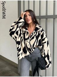 Women's Jackets Women Animal Stripe Zipper Lamb Plush Coats Chic Faux Fur Integrated Thicken Outwear 2024 Winter Turn-down Collar Fleece