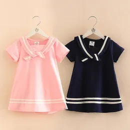 Girl Dresses 2024 Summer 2 3 4 5 6 8 10 Years Children Navy Military Style Pincess Short Sleeve Patchwork Little Kids Dress For Baby Girls