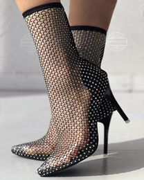 Dress Shoes Sandals Women's Fishnet Mesh Rhinestone Stiletto Heel Boots Nightclub Crystal Bling Summer Super High Heels Gladiator