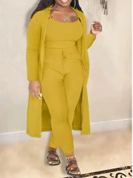 LW Plus Size Autumn Women Outifits Casual Fashion Ribbed Knit Plain Drawstring Long Sleeve Three Piece Pants Set 240131