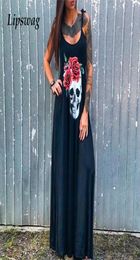 2020 Punk Style Loose Summer Dress Women Skull Flower Print Sleeveless Long Dress Female Sexy High Slit Maxi Dress Vestidos 3XL Y29070625