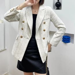 Women Fashion Double Breasted Tweed Check Blazer Coat Vintage Long Sleeve Pockets Female Outerwear Chic 240129