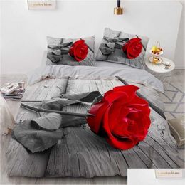 Bedding Sets Wostar 100% Polyester Conforter Set 3D Bedding Duvet Er And Pillowcase Red Rose Floral Home Textiles 2/3Pcs Bedclothes Dr Dhay8