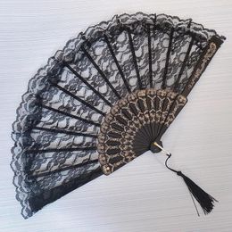 Decorative Figurines Black Spanish Victorian Hand Fan For Wedding Party Favor Fancy Dress Folding Lace Pocket Cosplay Ancient Ornament