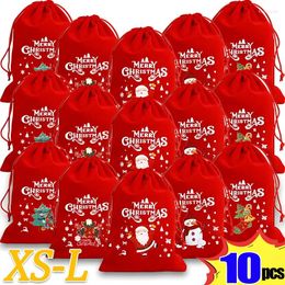 Christmas Decorations 10/1Pcs Red Velvet Bags Santa Candy Snack Drawstring Pouch Wrapping Bag For Year Party Gift Packaging Storage