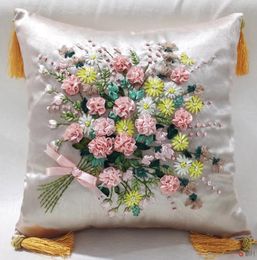 Pillow 3D Hand-made Cover Crafted Artisanal Ribbon Embroidery Flower Decorative Square Pillowcase Throw Home Decor