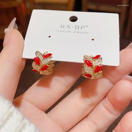 Hoop Earrings Vintage Style Red Exquisite Double Sided Zircon Wheat Ear Buckle High Grade Leaf Small Design Fashion For Women Jewellery