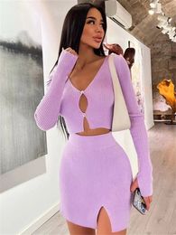 wsevypo Women Two-piece Knitted Ribbed Skirt Suit Casual Long Sleeve Button down Crop Tops and Short Wrap Skirt Matching Sets 240129