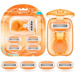 Travel Razors for Women Include 1 Handle and 5 Cartridges, Portable 5-Blade Mini Razor with Travel Case, The Best Travel Accessories for Women, Orange