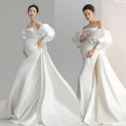 Dresses Dvotinst Women Photography Props White Elegant Puff Sleeves Maternity Dresses Offshoulder Pregnancy Dress Studio Photoshoot